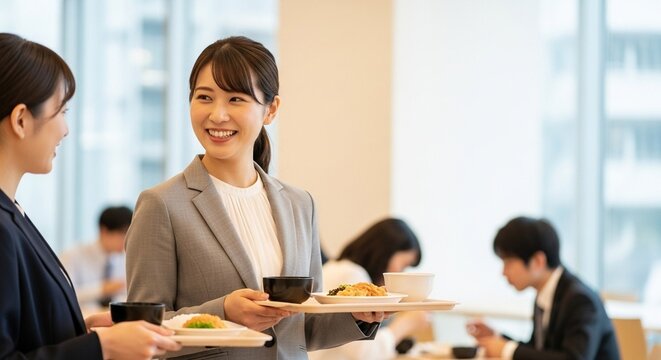 ランチタイムの笑顔：カフェテリアで談笑する日本人女性社員たち