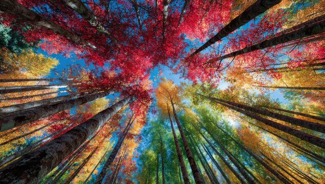 Autumn forest canopy, vibrant leaves, upward view, sunlight, nature background, ideal for calendar