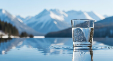 A glass of water resting on a reflective surface with mountains in the background on a sunny day