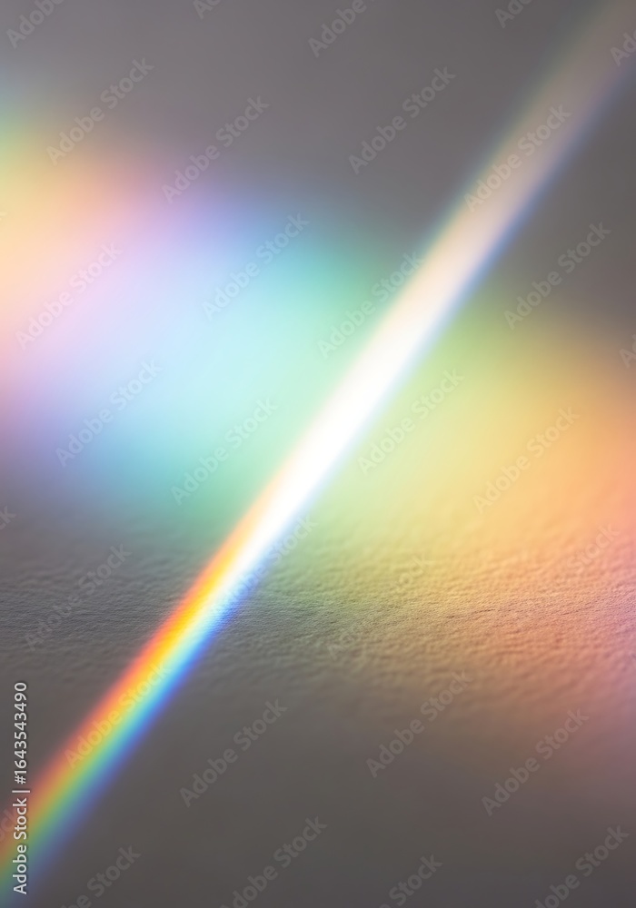 Poster diagonal beam of rainbow light spectrum refracts across a textured gray surface creating abstract co
