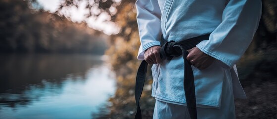 The Black Belt Samurai Practicing Martial Arts by a Serene River