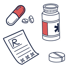 Hand drawn illustration of a medical prescription with a capsule pill bottle and loose pills representing healthcare and medication