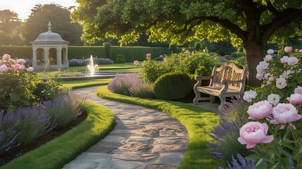 A beautiful english garden with a winding stone path, ornate bench, blooming roses, and lavender under a large tree at sunset