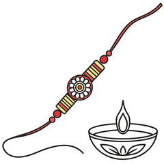 A colorful rakhi bracelet and a traditional diya lamp symbolizing the hindu festival of raksha bandhan celebrating brother sister bond