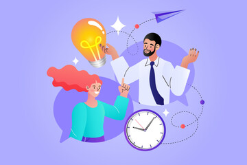 A creative team collaborates on time management and ideas. With a clock, light bulb, and paper plane, this illustration symbolizes efficient planning and innovative solutions for a balanced work life.