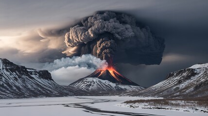 A powerful volcanic eruption spewing a massive column of ash and smoke into a stormy sky, surrounded by snowcapped mountains