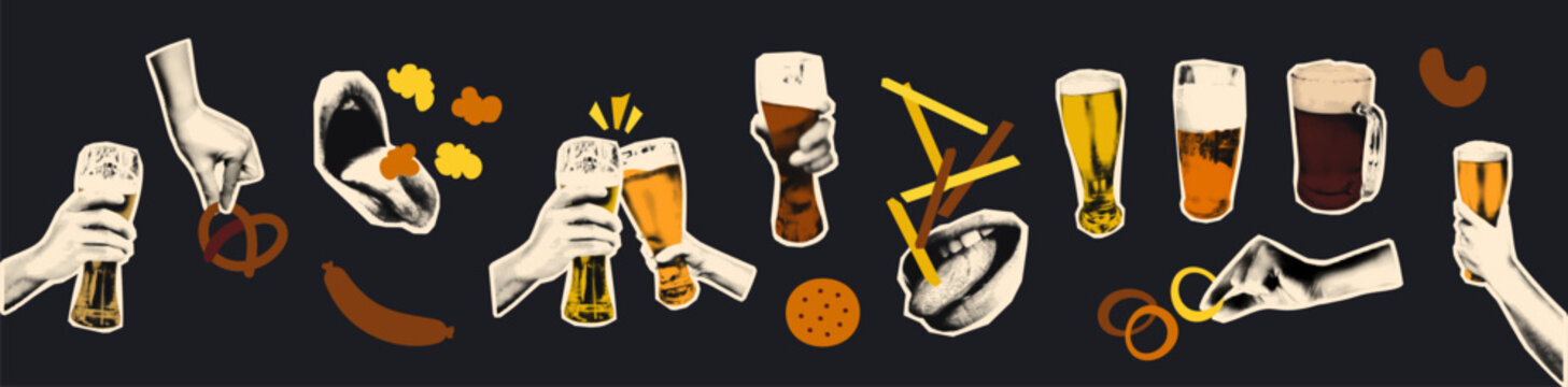Trendy halftone collage elements set. Cut out hands holding glasses and beer mug and doodle snacks, pretzel, popcorn, cracker, french fries. Modern retro vector illustration for mixed media design