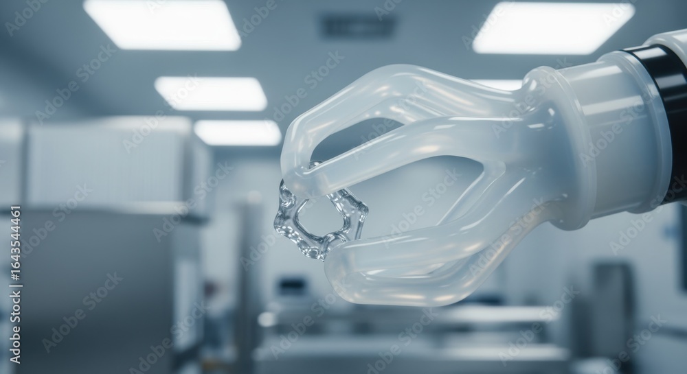 Poster prototype soft robotic gripper demonstrating compliant squeeze action highlighted by cleanroom ambie