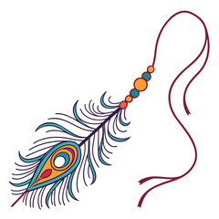 A vibrant and colorful illustration of a peacock feather adorned with a string of colorful beads and a flowing ribbon on a white background