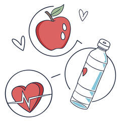 Healthy lifestyle elements including an apple for nutrition a water bottle for hydration and a heart with a heartbeat line for cardiovascular health
