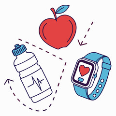 Healthy lifestyle elements including a red apple a water bottle with a heartbeat line and a smartwatch displaying a heart icon arranged with dashed lines and arrows