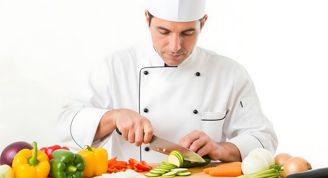 A chef in uniform carefully slices vegetables on a wooden cutting board, surrounded by colorful ingredients.