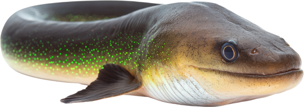 Unique fish with smooth, elongated body and shiny, iridescent skin featuring green and gold hues. Its large eyes and gentle expression evoke