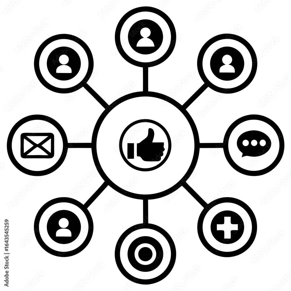 Poster a central hub connects various icons representing social media engagement communication and user int