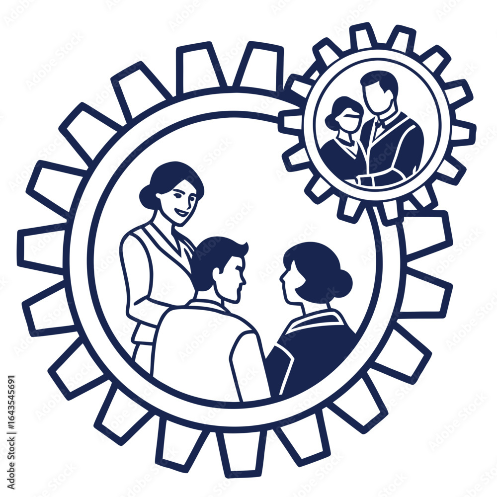 Poster diverse team collaborating within a large gear mechanism symbolizing interconnectedness and efficien