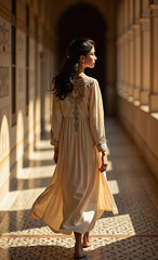 Naklejka premium A woman in a silk tunic walking along a mosaic corridor