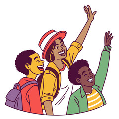 Three happy diverse friends with backpacks waving enthusiastically celebrating an exciting adventure together outdoors