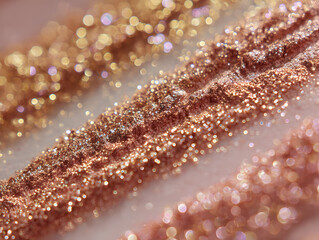 Shimmering rose gold glitter lines with metallic flecks create sparkling, festive abstract background, featuring diagonal gradients and soft, dreamy bokeh effect
