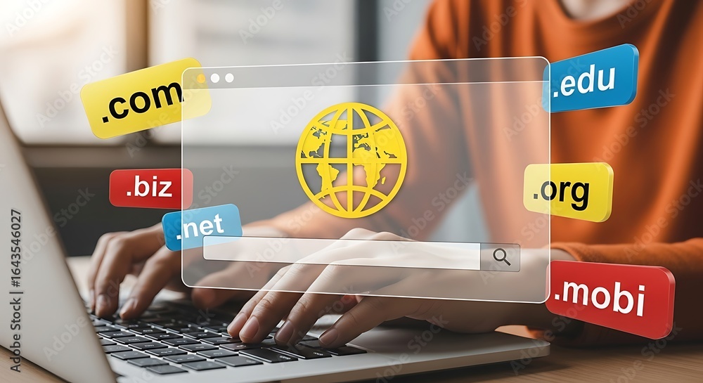 Poster person typing on laptop with domain extensions domain names