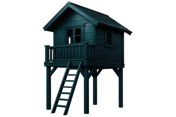 3d rendering: dark blue wooden playhouse elevated on stilts, small balcony, ladder access, transparent backdrop
