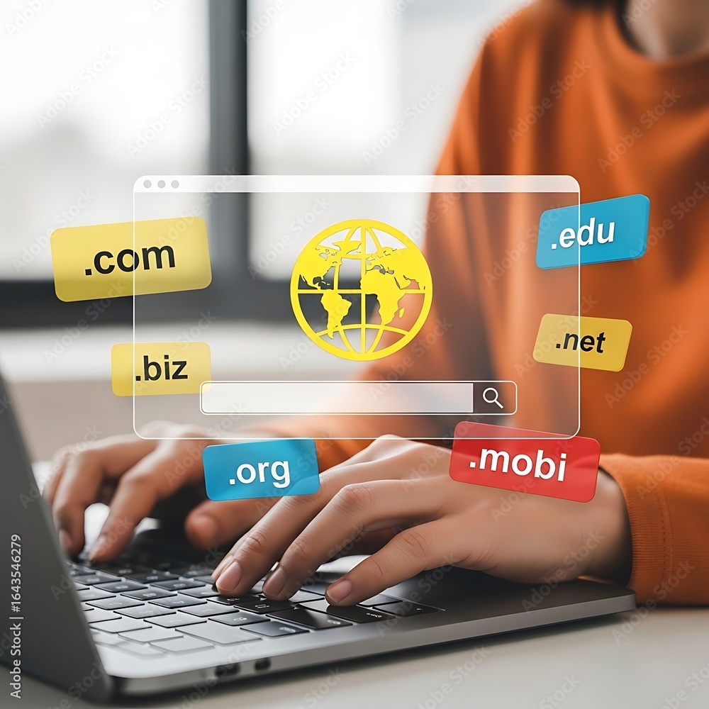 Poster person typing on laptop with domain names floating