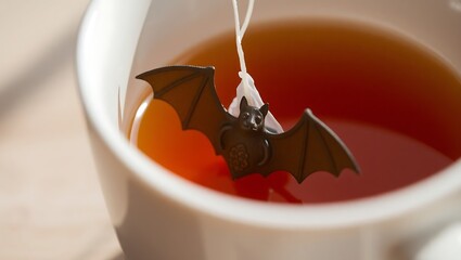 Halloween close up of a white mug filled with tea and a bat shaped tea bag dipping into the beverage inside it halloween design 