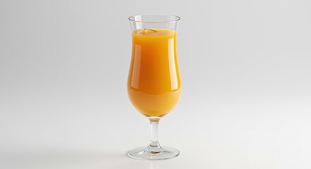 A glass filled with orange juice stands on a white background