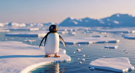  Playful Pingu at the Arctic edge: a dreamlike close-up amidst shimmering ice and endless polar waters.