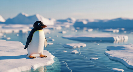  Playful Pingu at the Arctic edge: a dreamlike close-up amidst shimmering ice and endless polar waters.