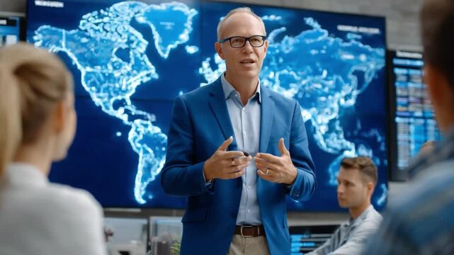 Global Strategy Discussion: A leader in a modern control room, gesticulates with confidence during a strategy meeting, map in the background.