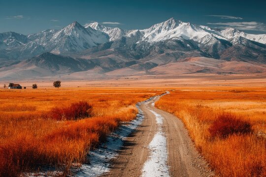 Autumnal mountain road. Snow-capped peaks loom over a dirt road winding through a field of burnt orange grasses - Powered by Adobe
