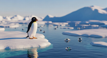  Playful Pingu at the Arctic edge: a dreamlike close-up amidst shimmering ice and endless polar waters.