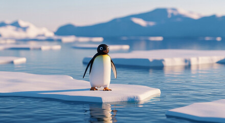  Playful Pingu at the Arctic edge: a dreamlike close-up amidst shimmering ice and endless polar waters.