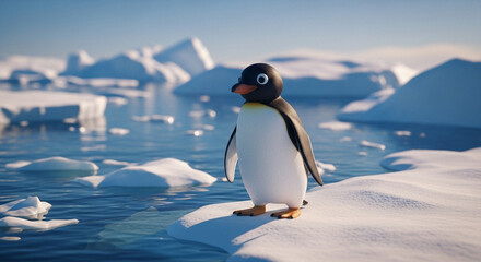  Playful Pingu at the Arctic edge: a dreamlike close-up amidst shimmering ice and endless polar waters.