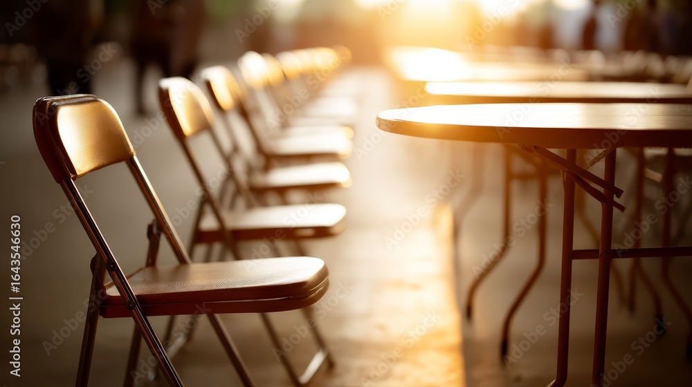 Poster brightly lit conference space with empty chairs and tables under warm ambient lighting, emphasizing 