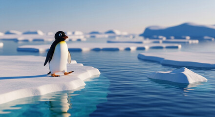  Playful Pingu at the Arctic edge: a dreamlike close-up amidst shimmering ice and endless polar waters.