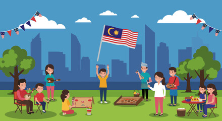 Families and friends gather in a park, enjoying a festive day while waving Malaysian flags, with a city skyline in the background.