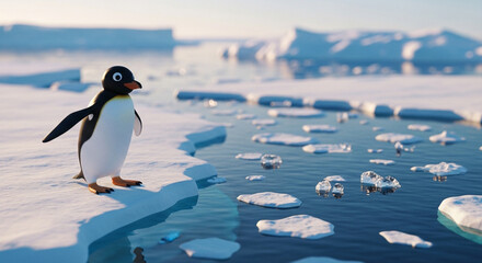  Playful Pingu at the Arctic edge: a dreamlike close-up amidst shimmering ice and endless polar waters.