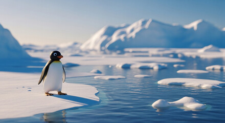  Playful Pingu at the Arctic edge: a dreamlike close-up amidst shimmering ice and endless polar waters.
