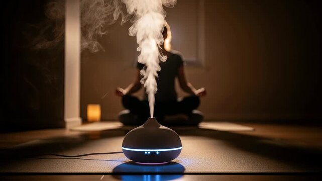 Relaxing aromatherapy experience with soothing diffuser steam in tranquil setting during evening meditation