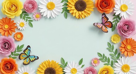 Colorful assortment of paper flowers and butterflies arranged in a frame on a light green background, creating a cheerful and vibrant design.