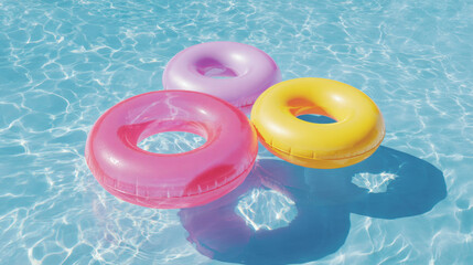 Three round pool floaties. The pool water is bright blue under clear, sunny skies, floating rings on blue water swim pool with waves reflecting in the summer sun. 3d illustration.

