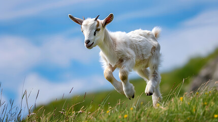 Obraz premium Goat running field grass, silver