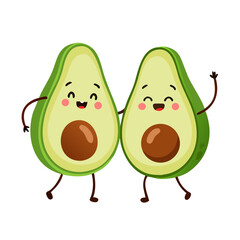 Two happy cartoon avocados dancing together with their arms around each other on a black background