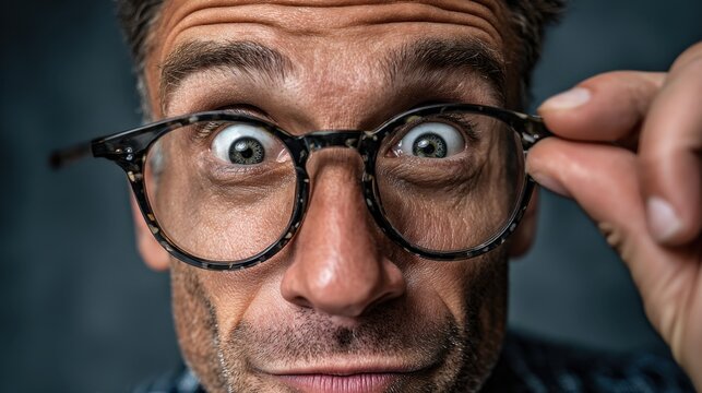 Close-up of a surprised middle-aged man with glasses, wide eyes, and raised eyebrows, holding his glasses with both hands, expressing shock or amazement against a dark background