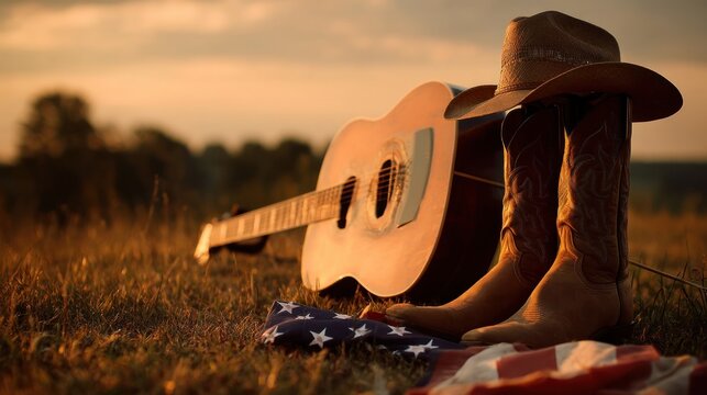 Country music sunset scene with guitar boots and flag