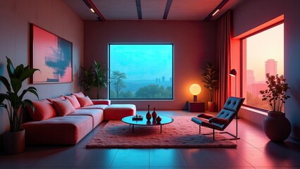 Modern living room with vibrant, dual-toned lighting.