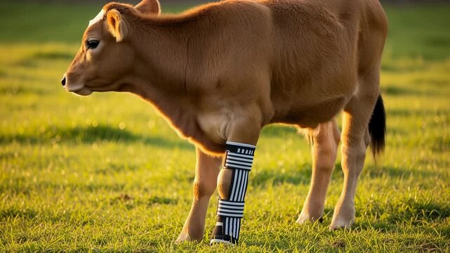 Young calf with leg brace stands in sunlit pasture showcasing resilience and support in serene environment