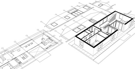 traditional house sketch plan 3D illustration