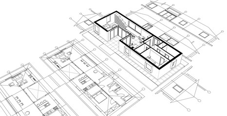 traditional house sketch plan 3D illustration
